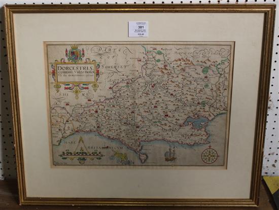 William Kip hand-coloured map of Dorcestriae (Dorset), framed